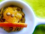 Cuillère apéritive : purée de lentilles au curry vert et tartare de clémentines à l'ail