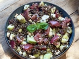 Salade de lentilles, tomates et concombre à la feta végétale