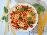 Spaghetti aux pois chiches et tomates cerises rôties #vegan