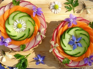Tartelettes printanières :  crackers  aux graines, crème cajou-lupin et légumes crus