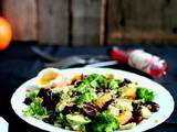 Salade repas betterave, suprêmes d’orange, légumes verts et œuf à la coque, au vinaigre de framboise