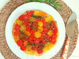 Tarte tatin aux tomates cerises multicolores, miel, thym et romarin (Multicolored cherry tomatoes tart with honey, mustard, thyme and rosemary)