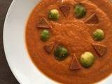 Soupe choux de Bruxelles au coulis de tomate, chorizo vegan